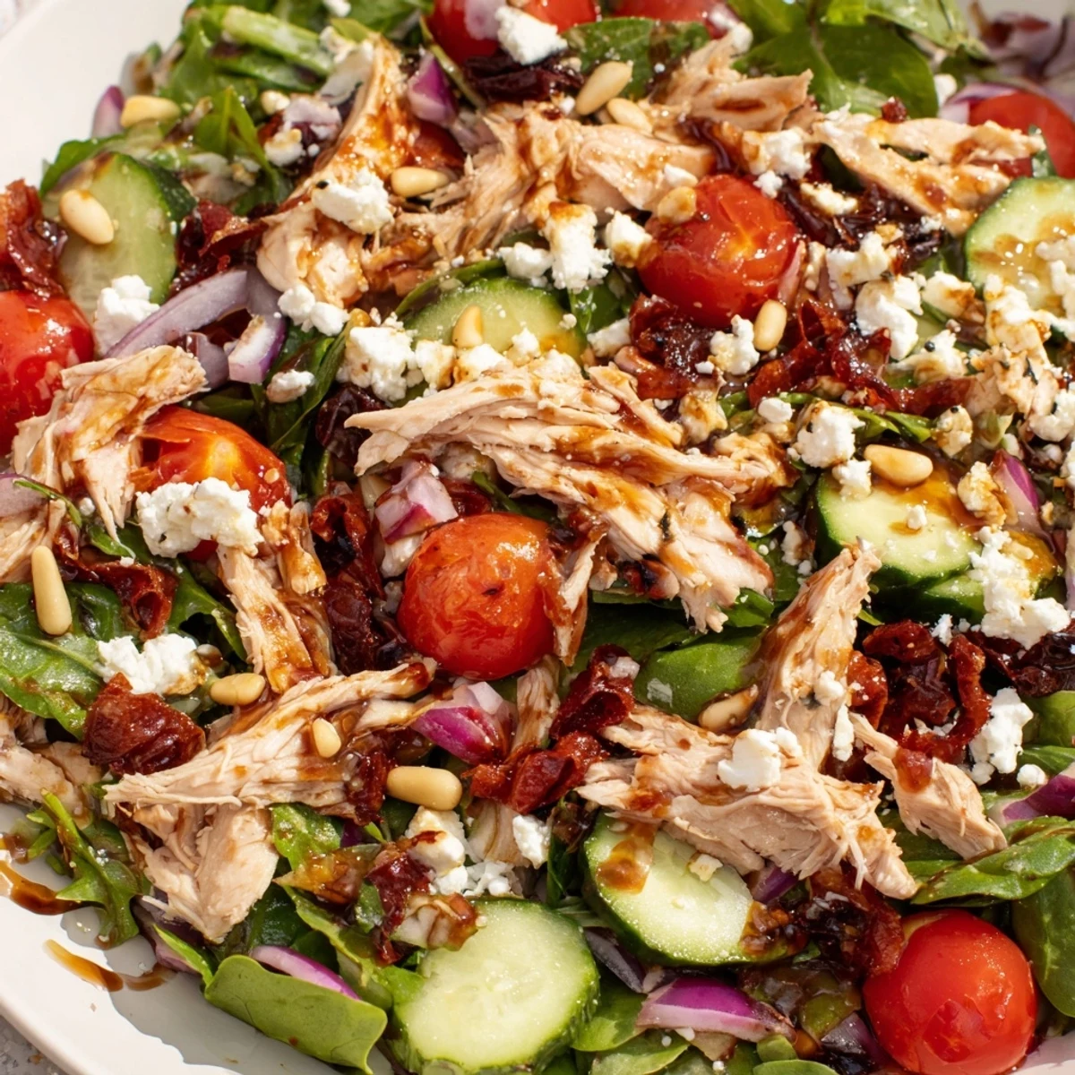 Fresh Sun Dried Tomato Chicken Salad bowl featuring shredded chicken, vibrant cherry tomatoes, and crumbled feta.