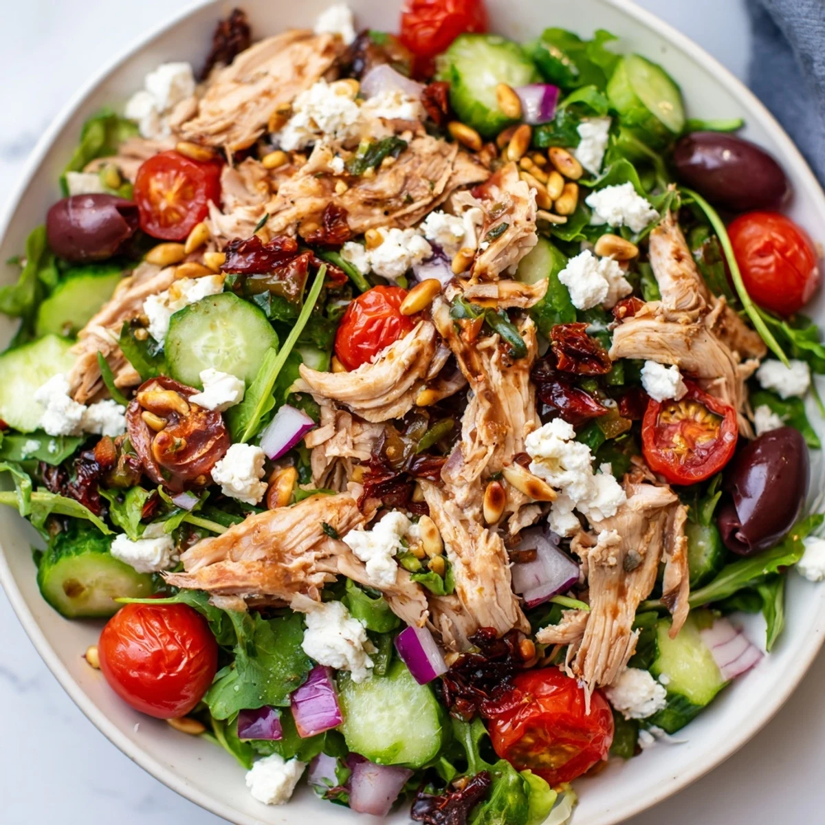 Protein-packed Sun Dried Tomato Chicken Salad topped with toasted pine nuts and red onion slices.