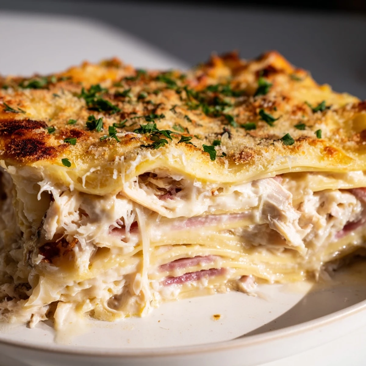 Golden bubbling Chicken Cordon Bleu Lasagna with melted Swiss cheese and fresh parsley garnish on a white plate