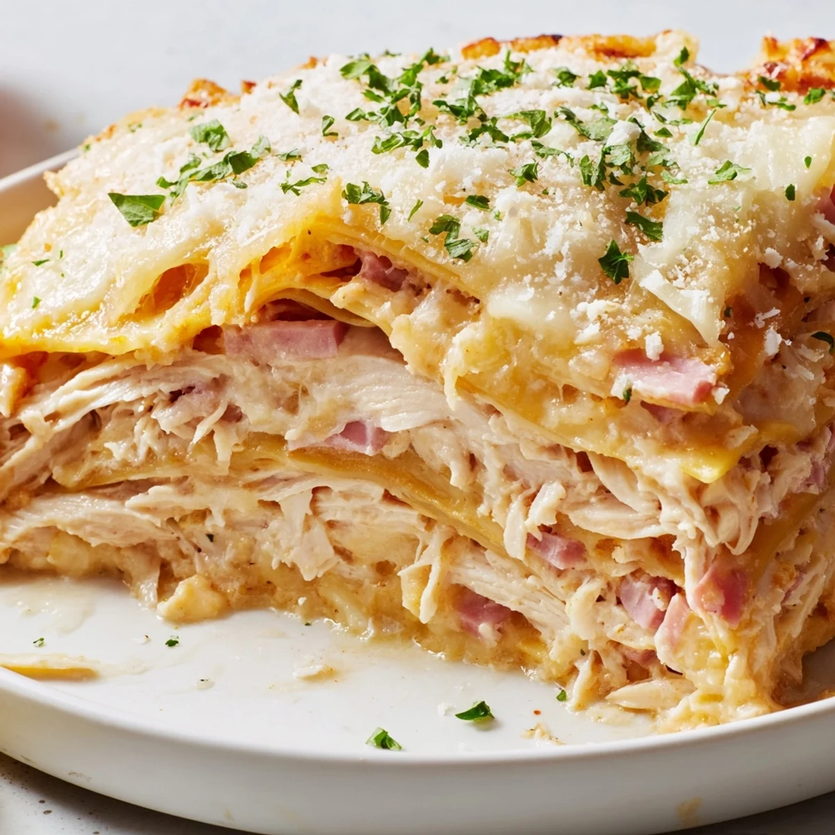 Steam rising from a baked Chicken Cordon Bleu Lasagna square revealing the rich ham and cheese filling inside
