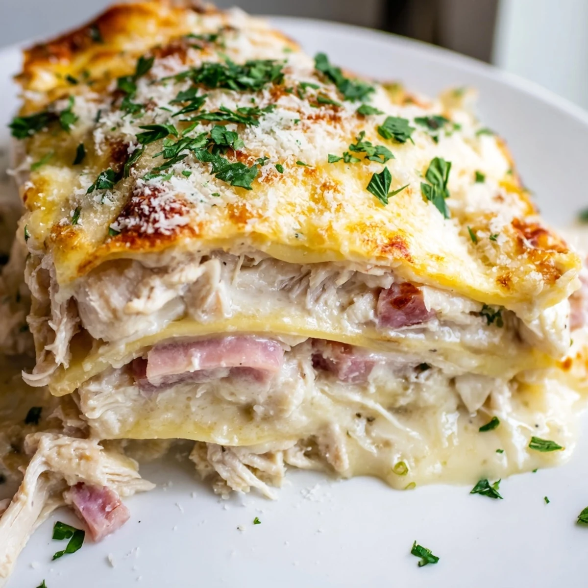 Layered Chicken Cordon Bleu Lasagna showing tender chicken ham and creamy bechamel sauce between pasta sheets