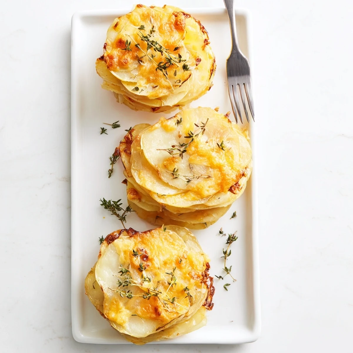 Individual potato stacks layered with creamy cheese sauce and fresh thyme, baked until golden brown with crispy edges