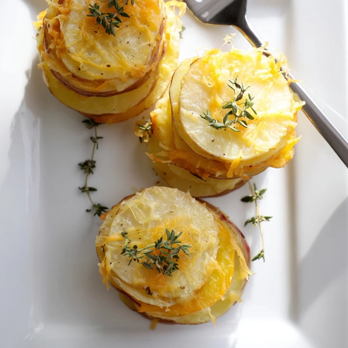 Golden cheese scalloped potato stacks arranged in a muffin tin with bubbly melted cheddar and Gruyère tops
