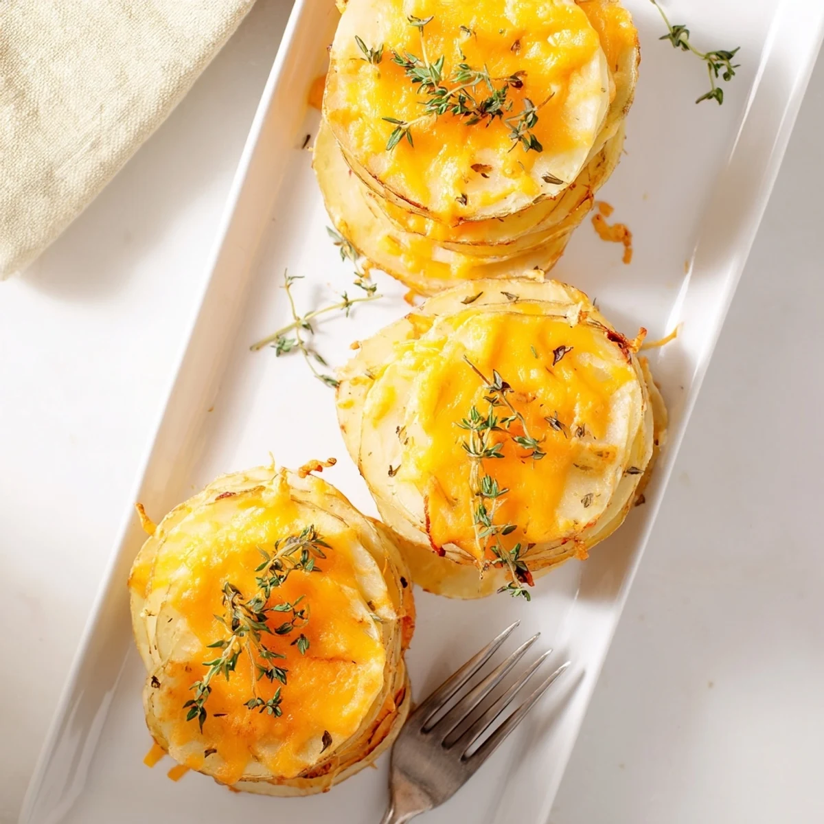 Cheese scalloped potato stacks displayed on a serving platter, showing tender layered potato slices with rich cheese sauce