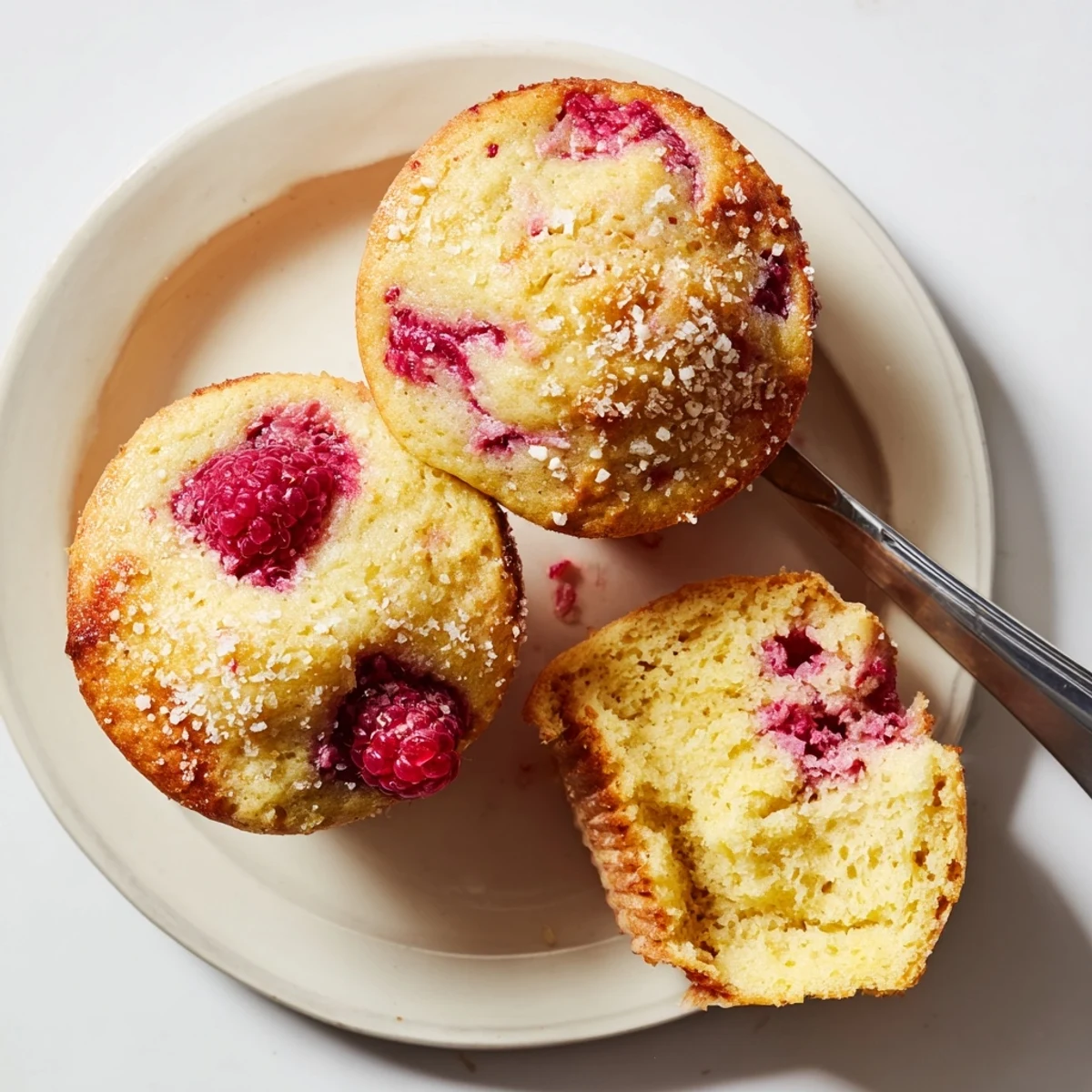 Golden raspberry lemon ricotta muffins topped with coarse sugar, bursting with fresh berries