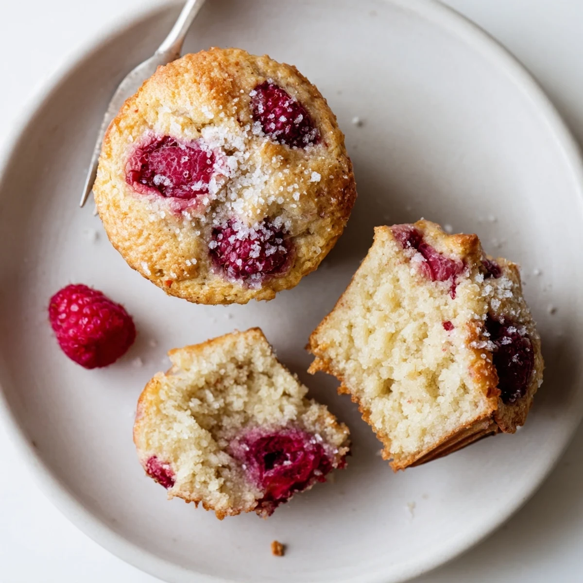 Moist lemon ricotta muffins studded with bright red raspberries on a wire cooling rack