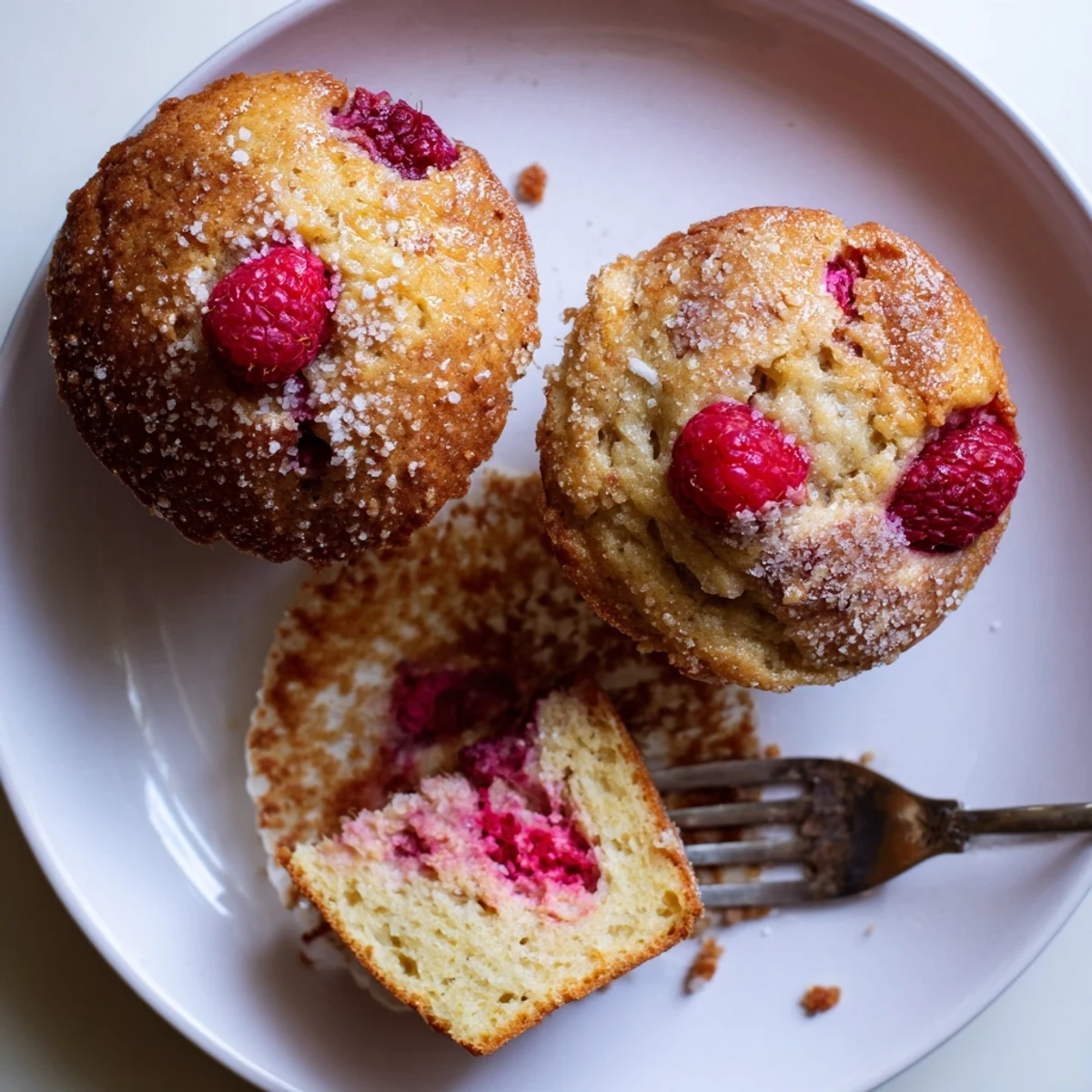 Freshly baked raspberry lemon ricotta muffins with golden tops and juicy fruit bits visible
