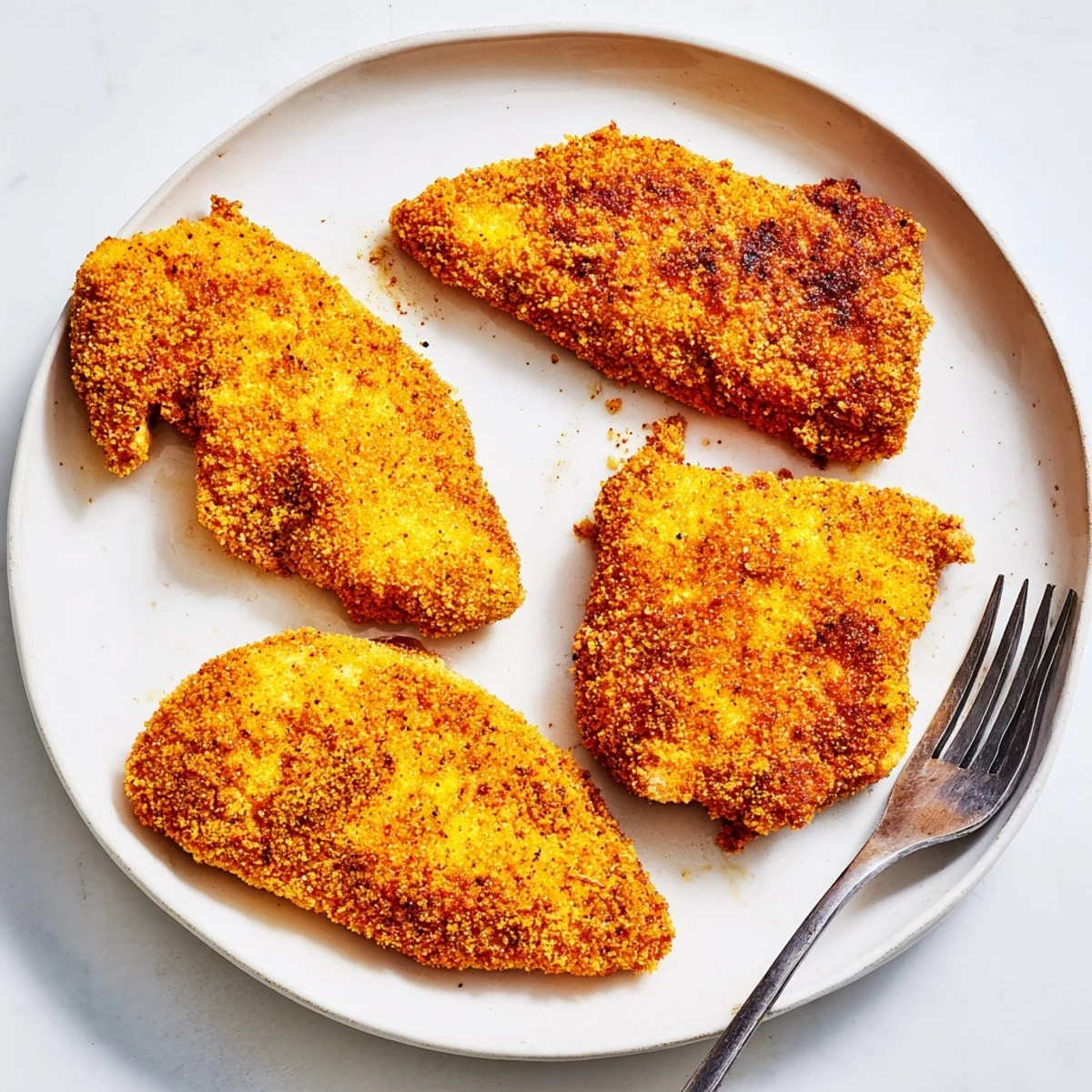 Golden brown fried chicken breasts with a crispy seasoned coating on a white plate