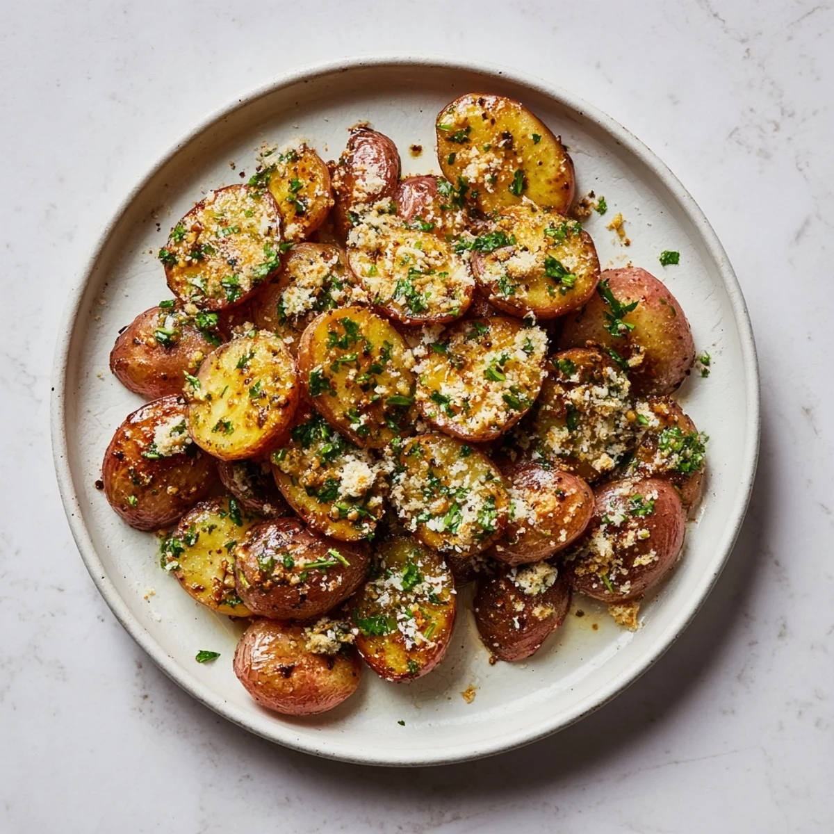 Golden brown garlic roasted radishes arranged on a white serving plate with fresh parsley garnish