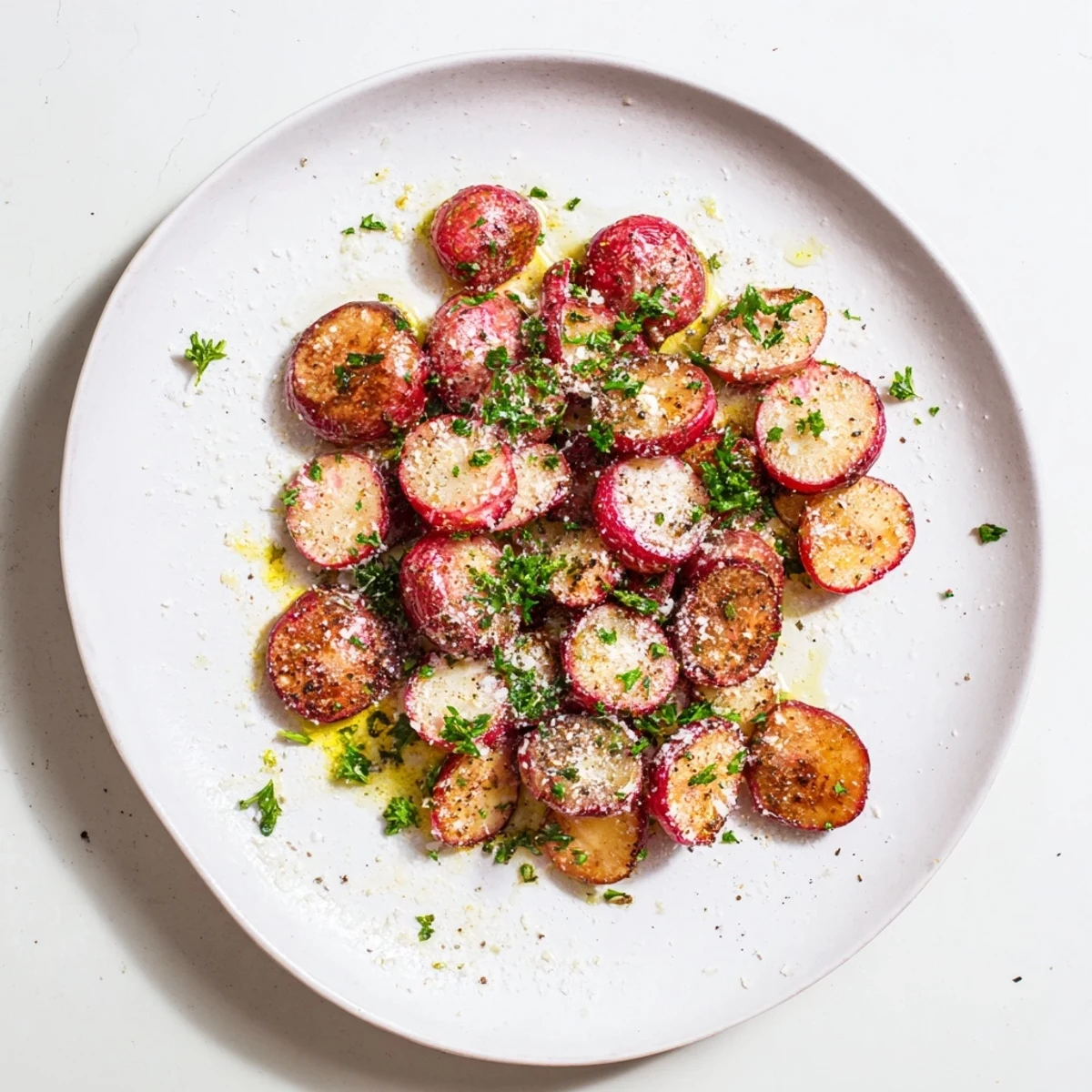 Tender caramelized garlic roasted radishes fresh from the oven with Parmesan cheese sprinkled on top