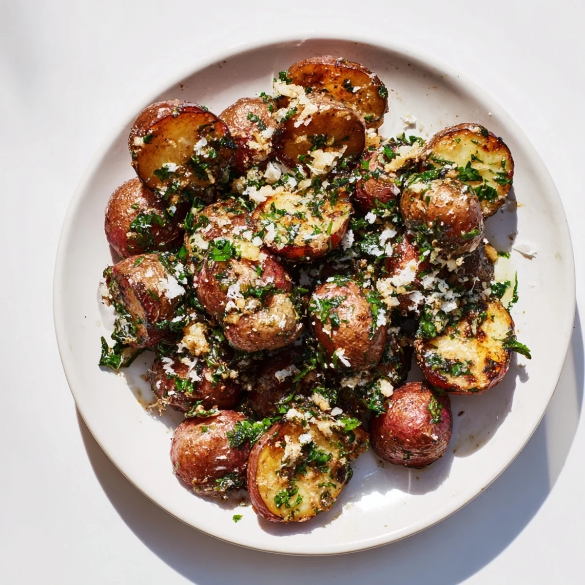 Close up of golden cut side up garlic roasted radishes with glistening olive oil and minced garlic