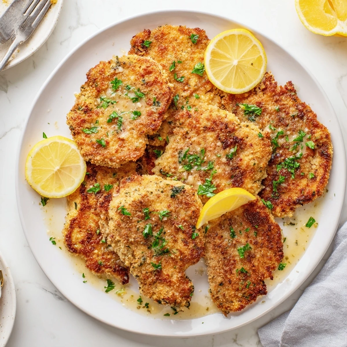 Golden pan-fried Lemon Chicken Romano with crispy cheese crust and bright lemon butter sauce garnished with fresh parsley and lemon slices