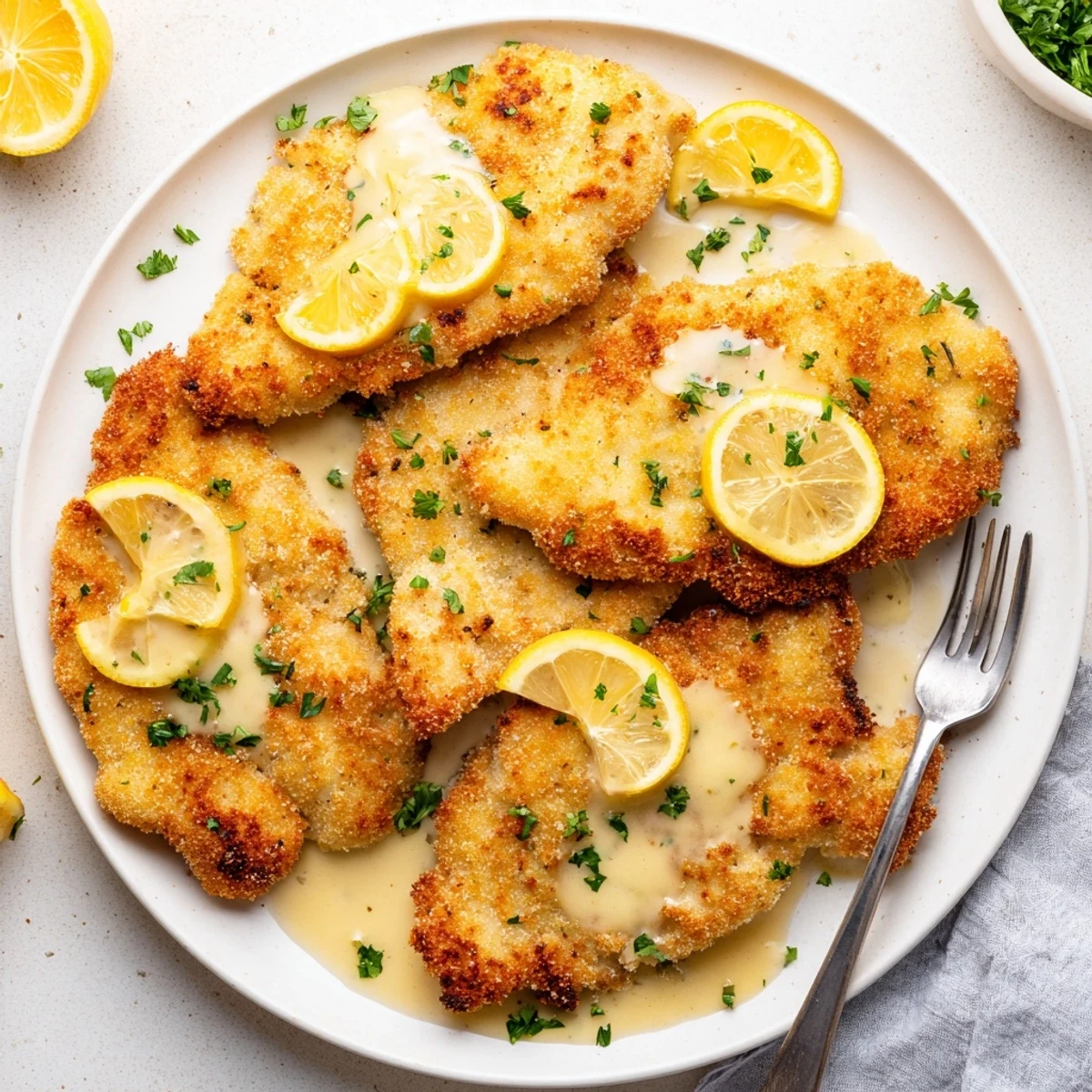 Savory Lemon Chicken Romano featuring golden parmesan Romano coating served on a white plate with vibrant lemon wedges