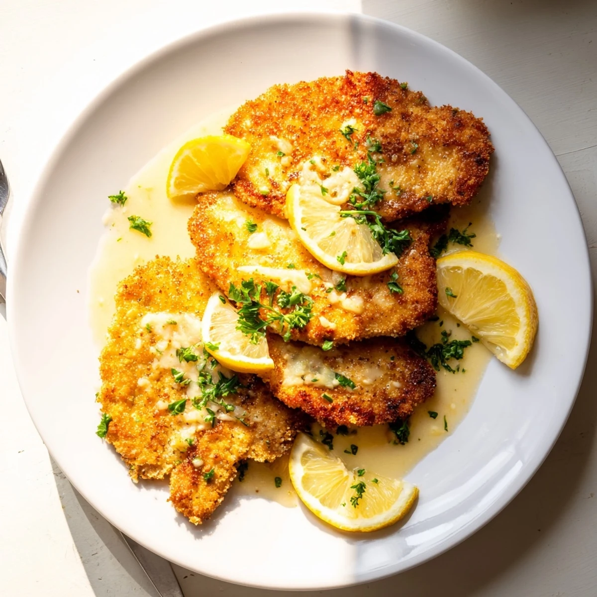 Crispy Italian-style Lemon Chicken Romano cutlets drizzled with velvety lemon garlic sauce and topped with zest and parsley