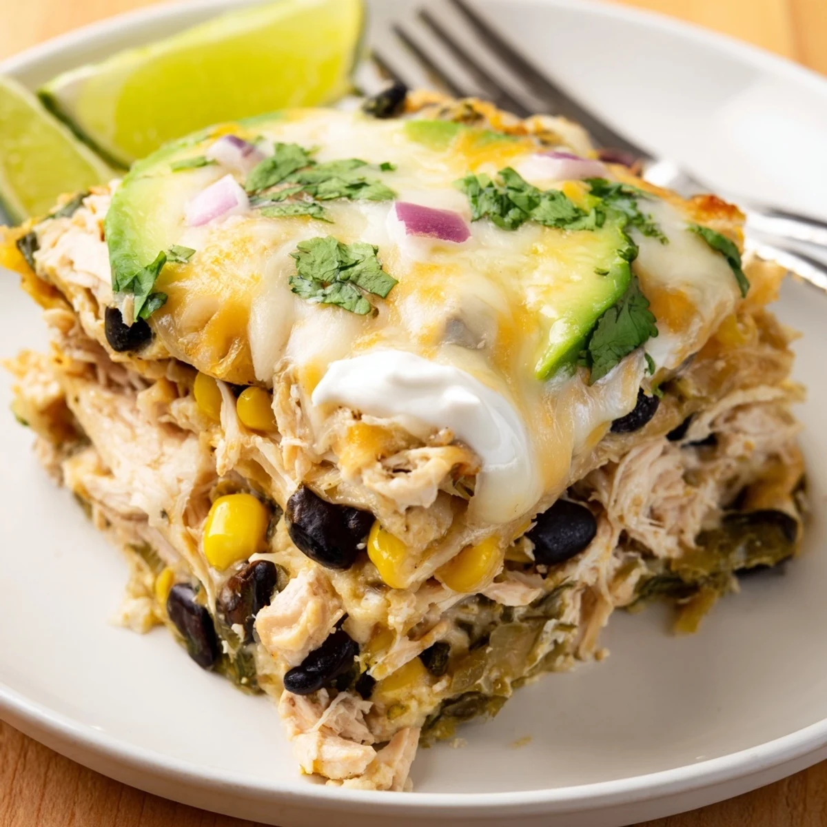Salsa Verde Chicken Casserole bubbling with golden cheese, cilantro, and lime wedges