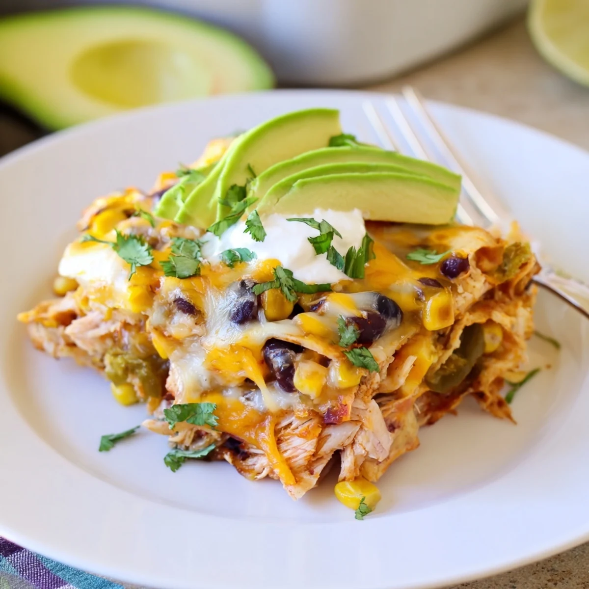 Creamy Tex-Mex Salsa Verde Chicken Casserole topped with melted Monterey Jack