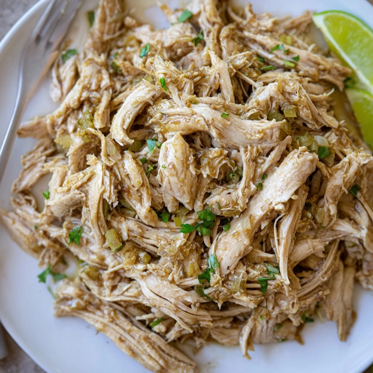 Slow Cooker Cilantro Lime Chicken shredding in juices, bright cilantro and lime aromas.