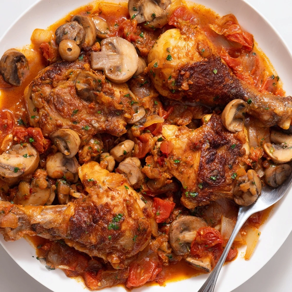 Chicken Chasseur in glossy tomato and mushroom sauce, tender browned thighs