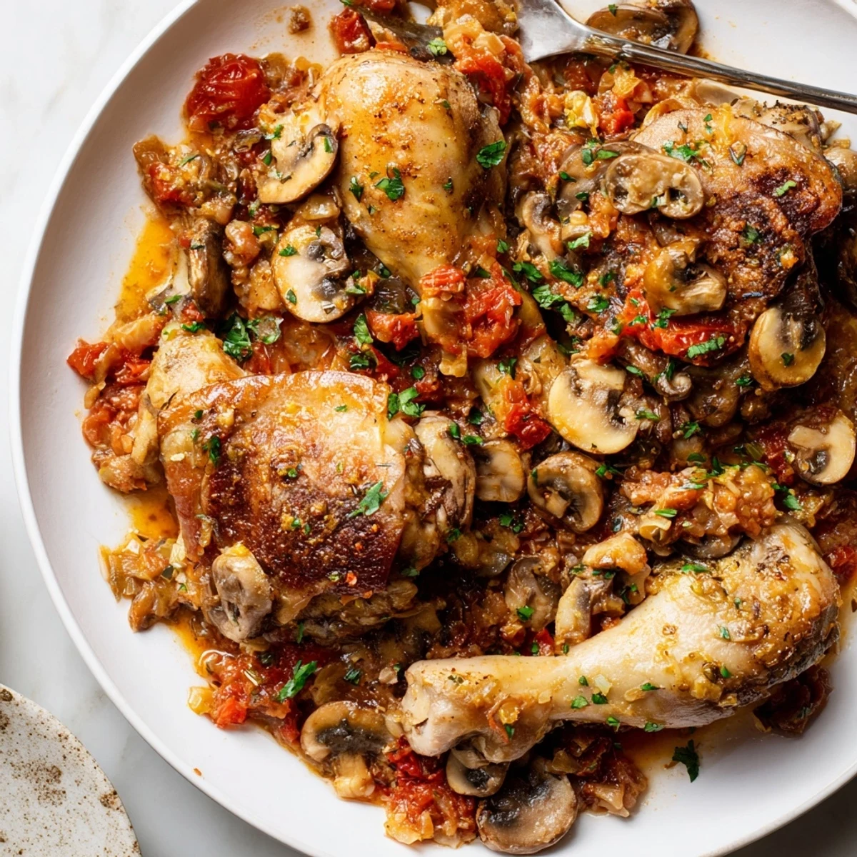 Skillet Chicken Chasseur simmering in white wine and tomato broth with mushrooms