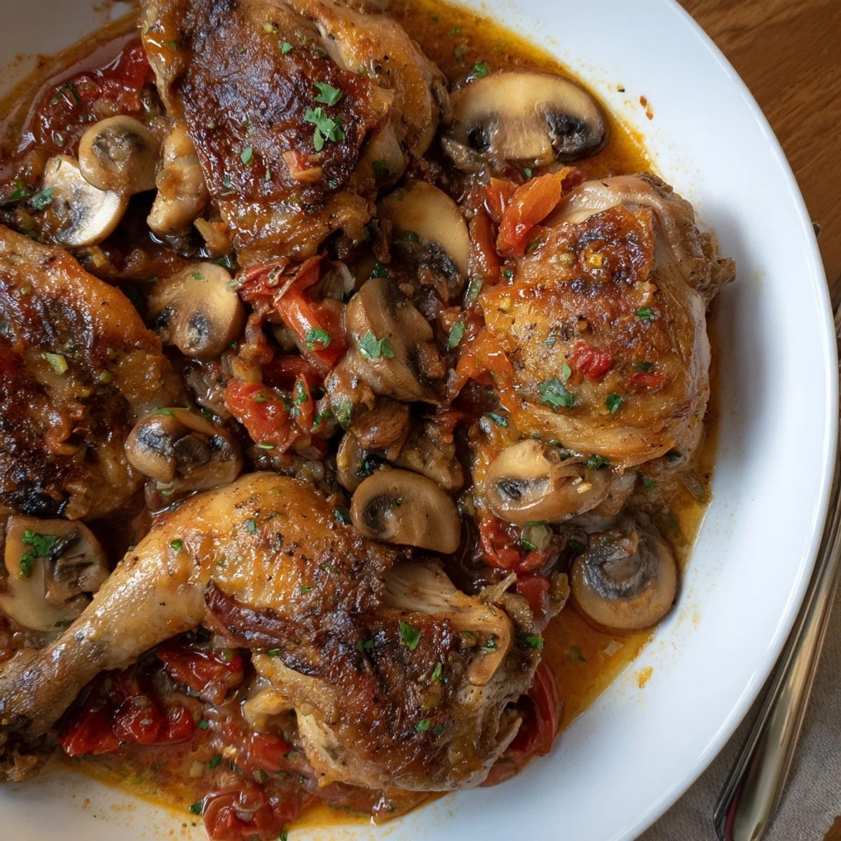 Rustic Chicken Chasseur served over buttered noodles, fragrant tarragon and parsley