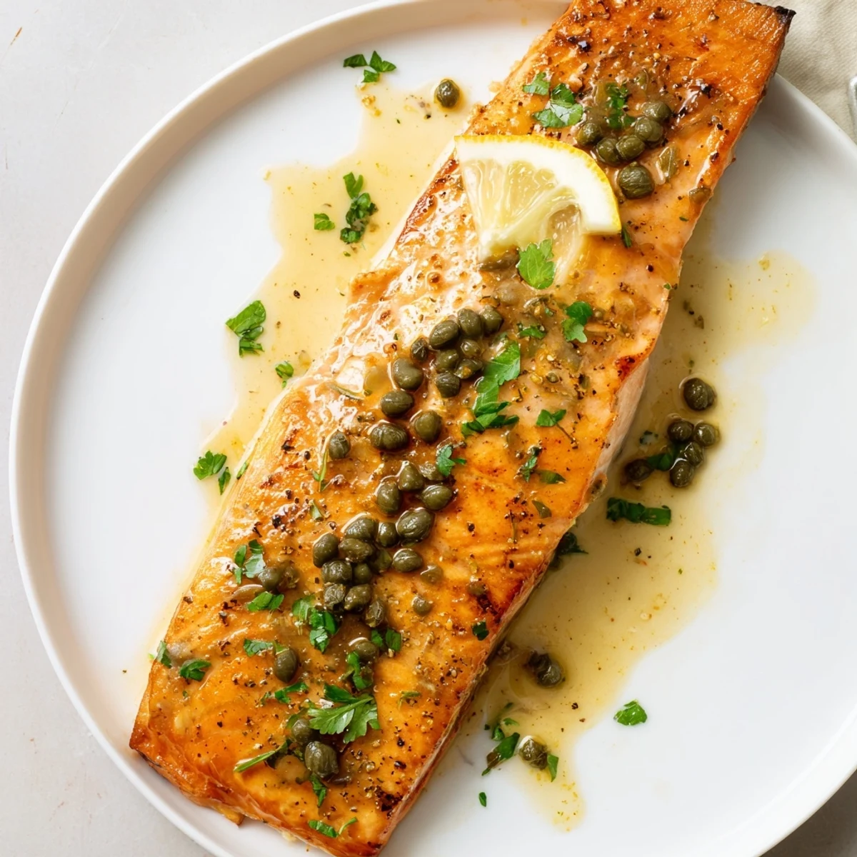 Pan seared Salmon Piccata with lemon caper sauce and parsley