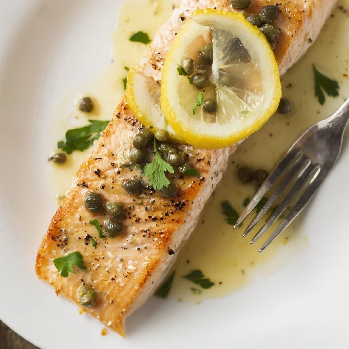 Salmon Piccata resting in tangy lemon caper sauce over angel hair pasta