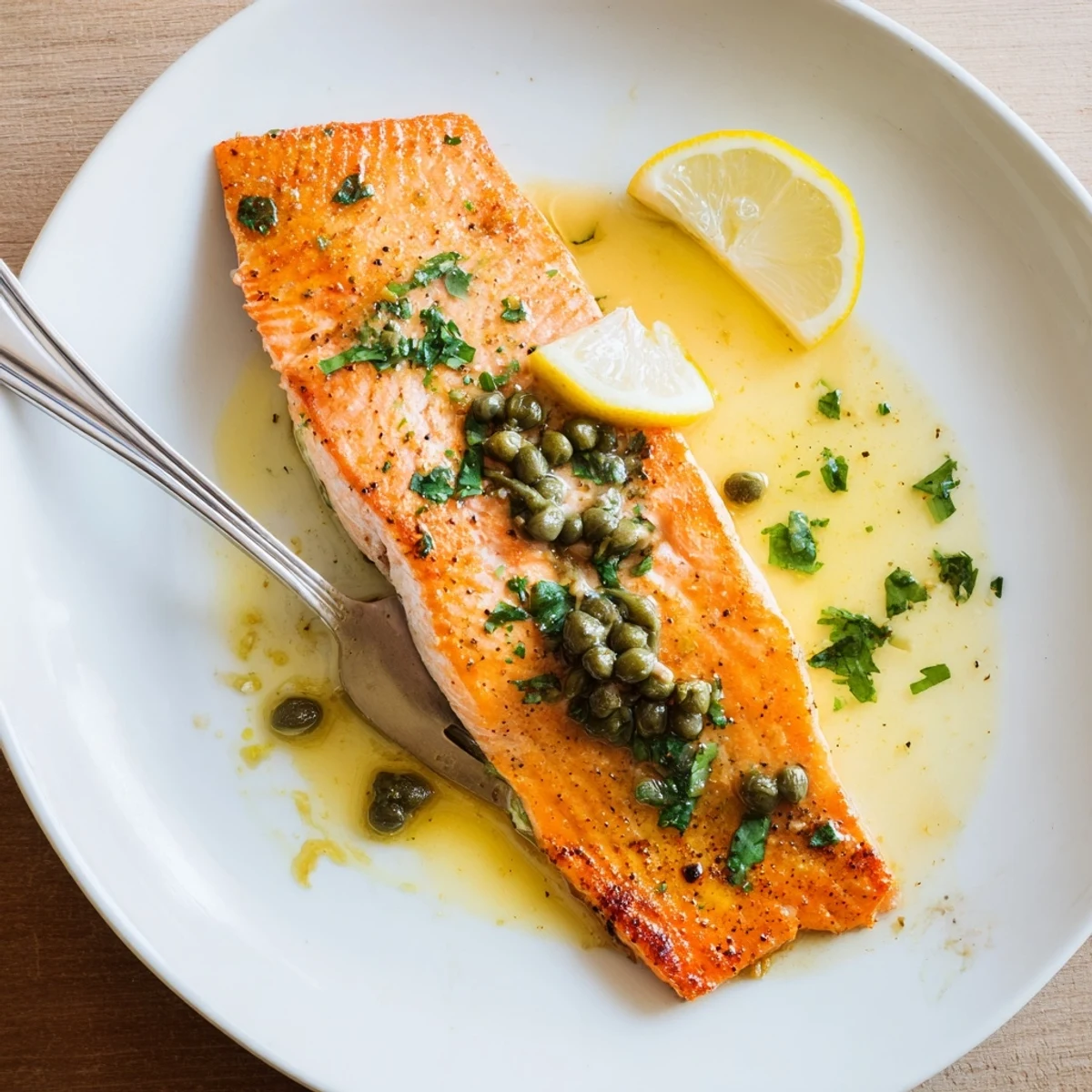Crispy crusted Salmon Piccata spooned with buttery garlicky wine sauce, lemon slices