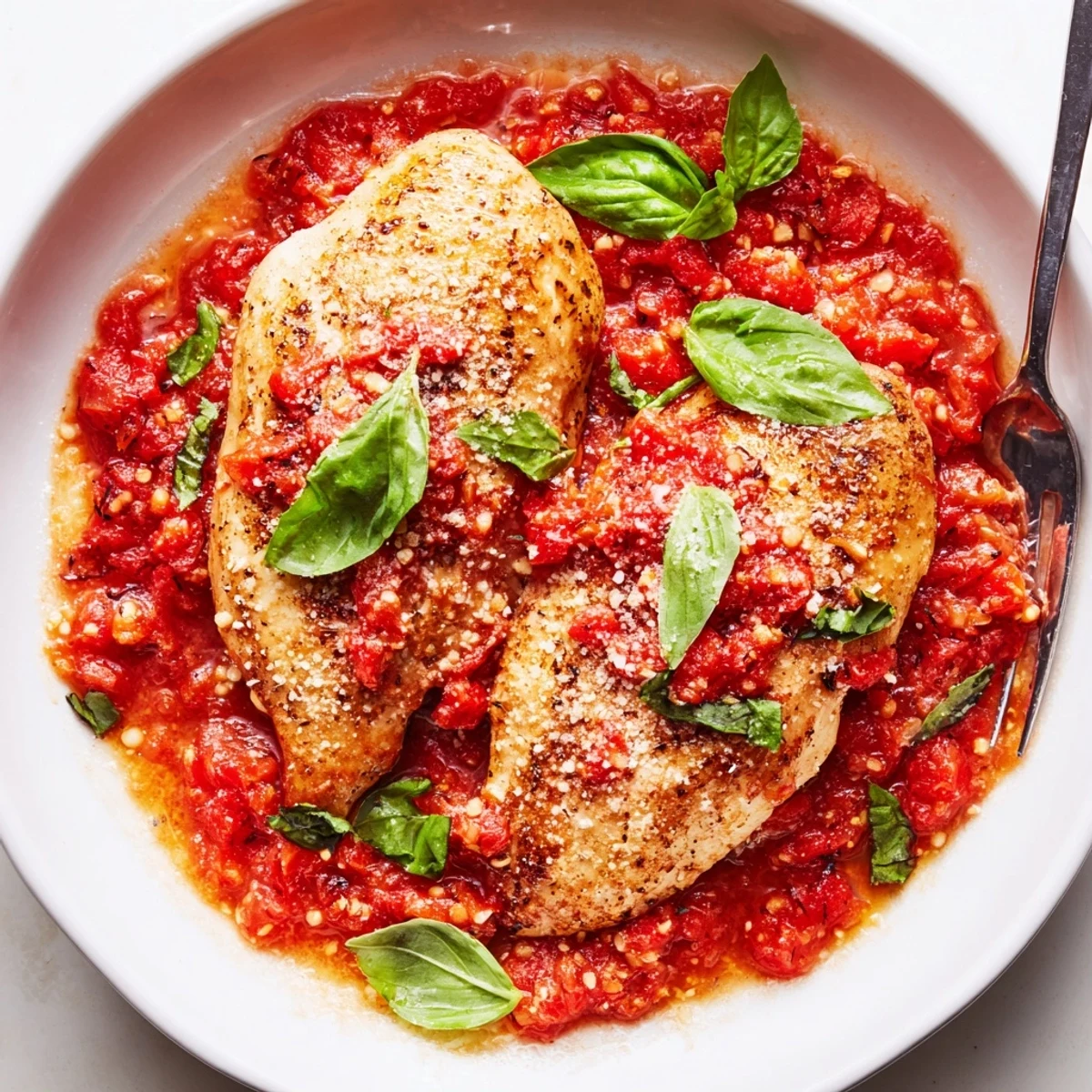 Tender golden chicken breasts nestled in a vibrant red tomato basil Pomodoro sauce