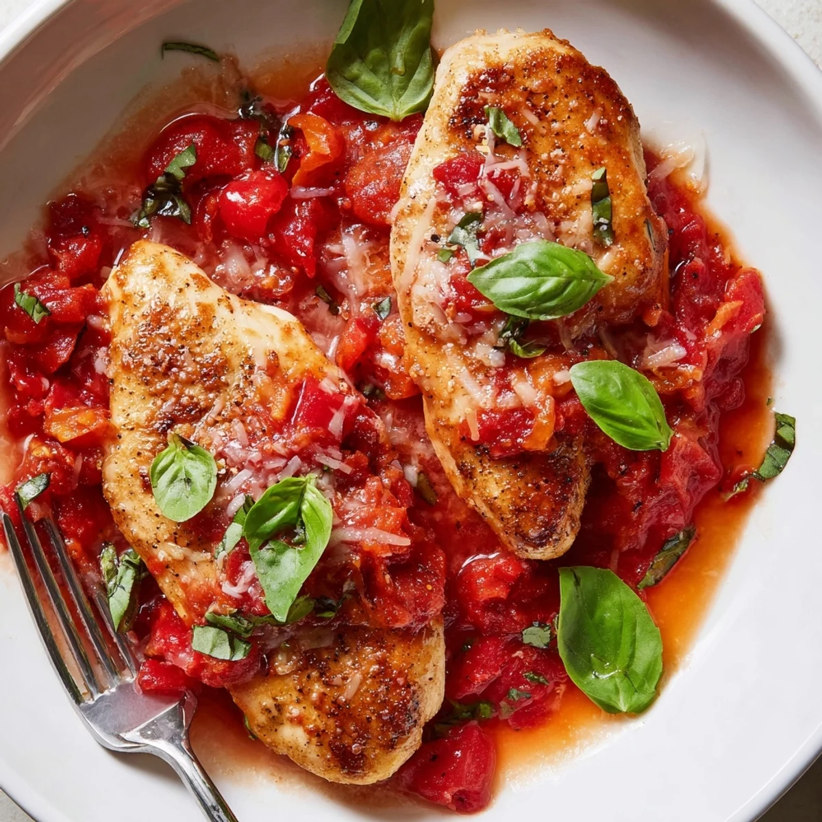 Juicy seared chicken swimming in a rich, chunky tomato herb Pomodoro sauce