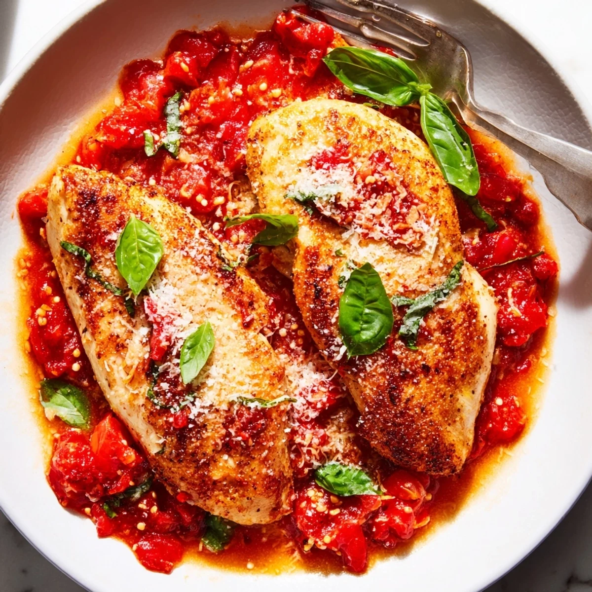Steaming plate of Chicken Pomodoro topped with fresh basil and Parmesan shavings