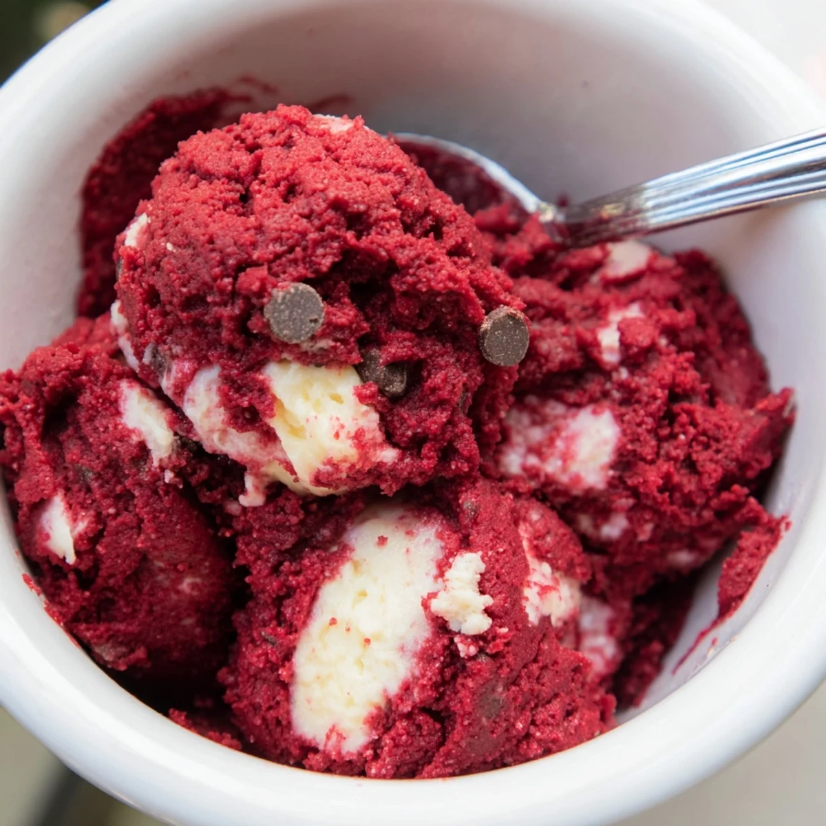 Edible red velvet cookie dough in vibrant red scoops topped with melty chocolate chips