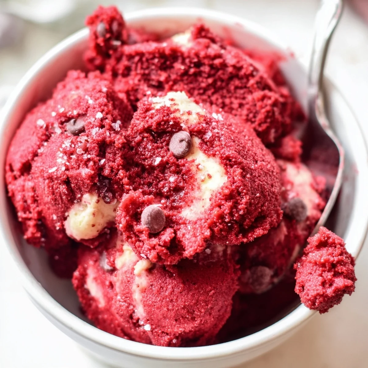 Creamy edible red velvet cookie dough scooped into a rustic bowl with mini chocolate chips