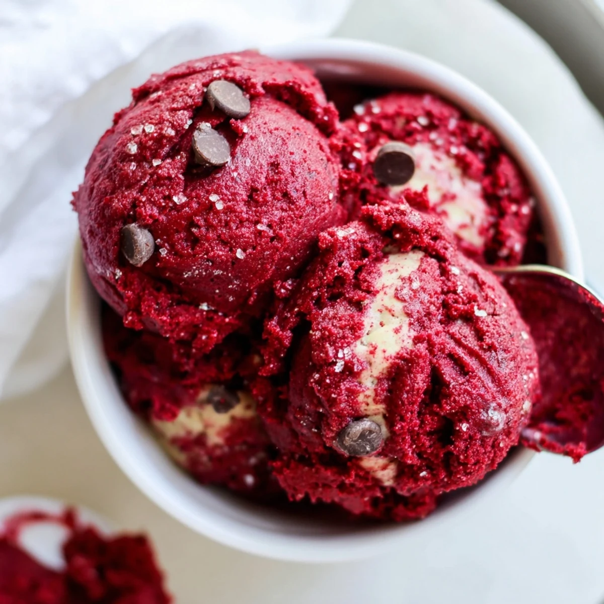Rich red velvet edible cookie dough swirled in a white dish ready for snacking