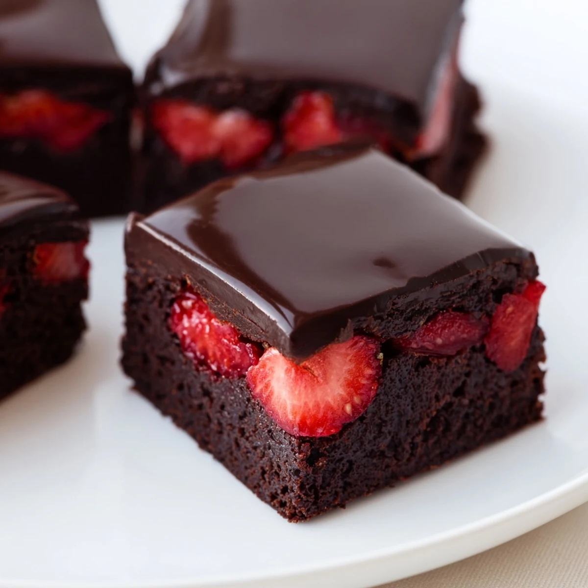 Rich chocolate covered strawberry brownies sliced into fudgy squares topped with glossy melted chocolate and vibrant red berries