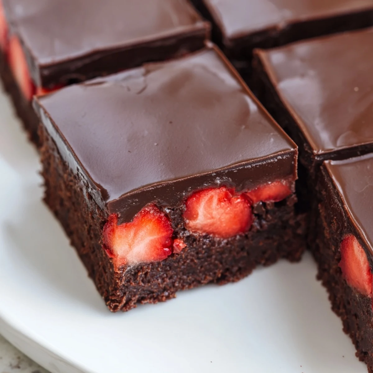 Decadent chocolate covered strawberry brownies with a smooth ganache coating cascading over fresh juicy strawberry slices