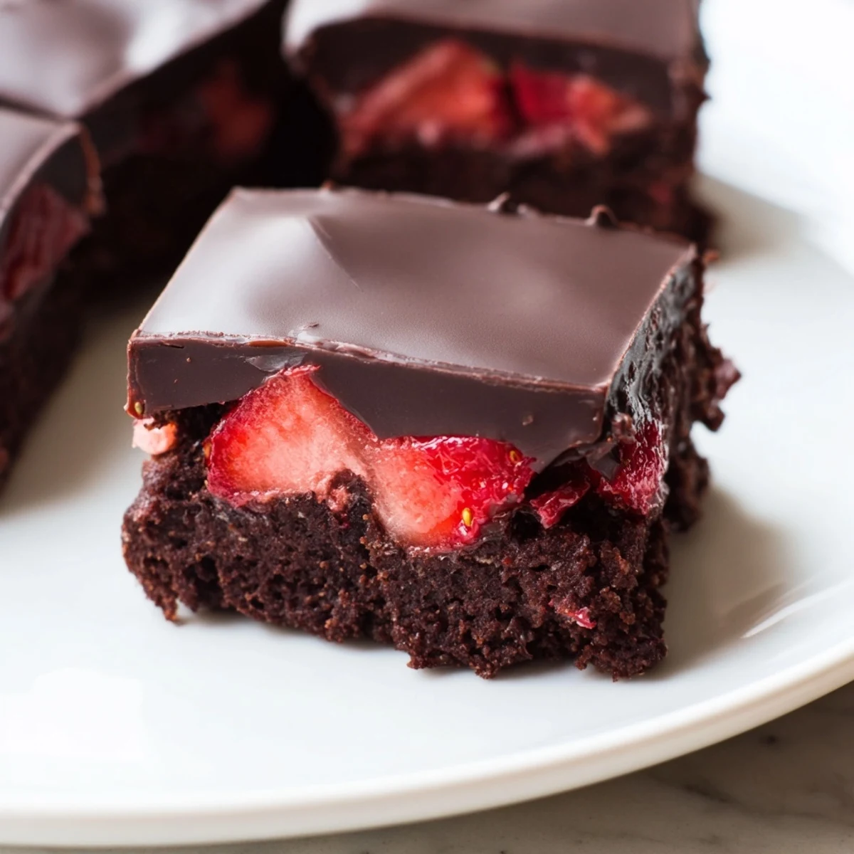Fresh strawberry-topped chocolate covered strawberry brownies cut into neat squares on a rustic parchment-lined baking pan