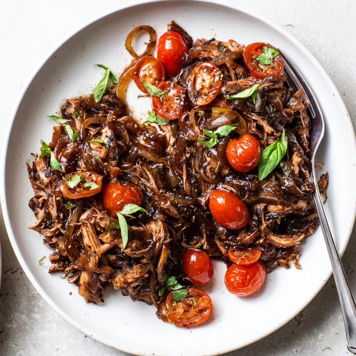 Juicy slow cooker balsamic chicken draped in glossy, tangy sauce with tomatoes and fresh basil