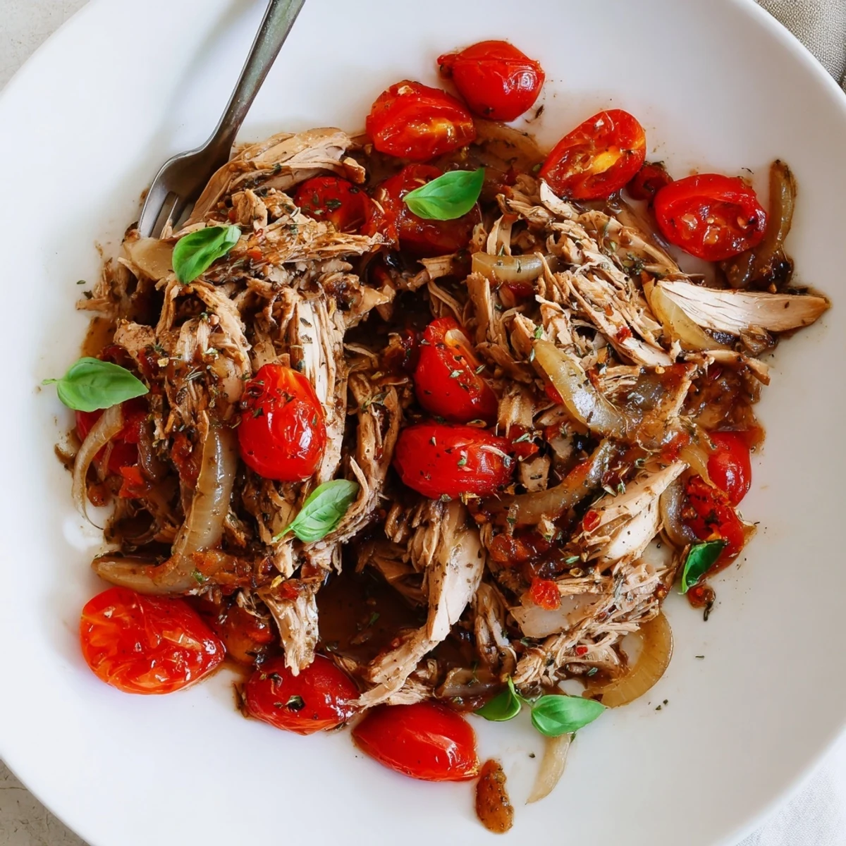 Slow cooker balsamic chicken served tender and fork-shredded over a bed of savory onions and herbs