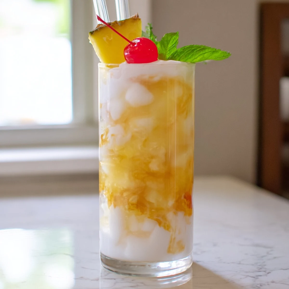 Tropical Thunder Dirty Soda swirling with coconut cream over crushed ice