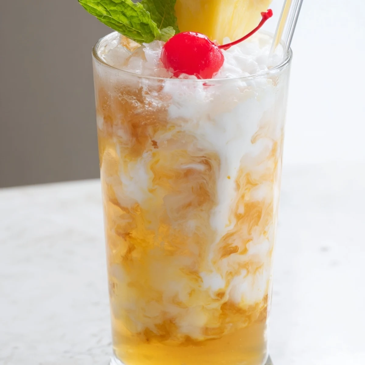 Fizzy Tropical Thunder Dirty Soda garnished with fresh pineapple and cherry