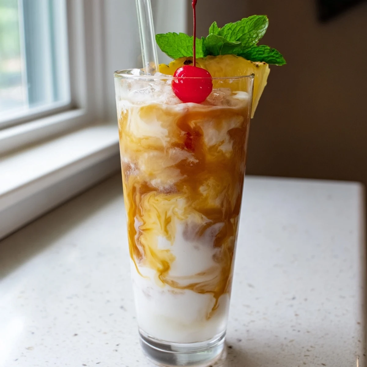 Creamy coconut layer cascading through Tropical Thunder Dirty Soda in tall glasses