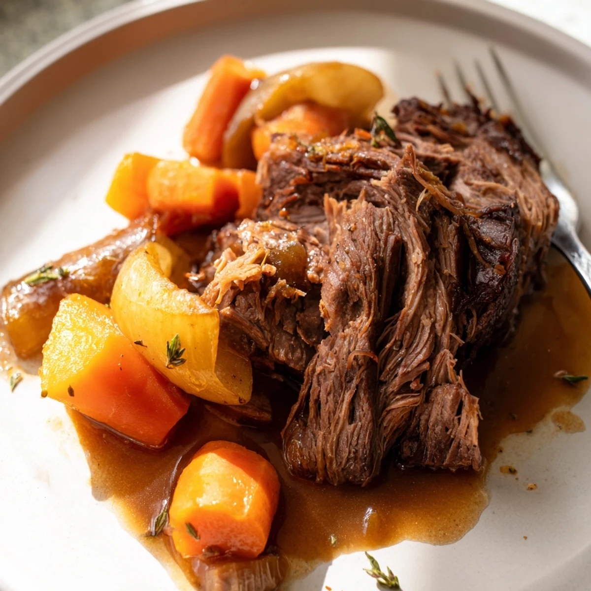 Hearty perfect pot roast plated with fall-apart vegetables and savory pan juices