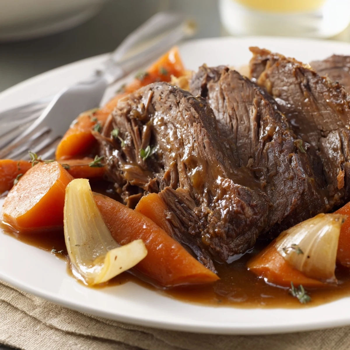 Steaming slices of perfect pot roast drizzled with herb-infused au jus alongside tender celery