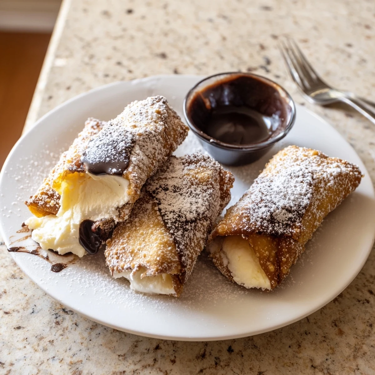 Crispy golden cheesecake egg rolls dusted with powdered sugar on a white plate