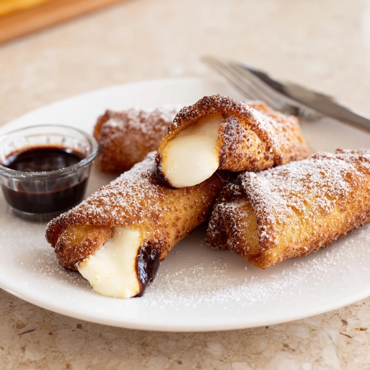 Creamy cheesecake egg rolls served warm with rich chocolate dipping sauce alongside