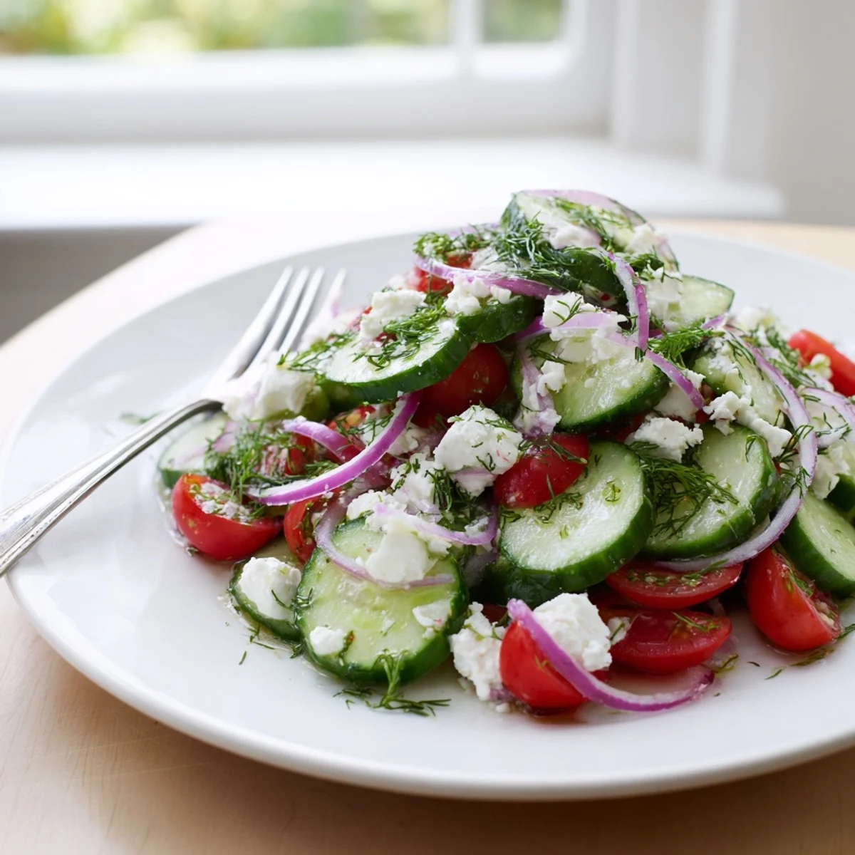 Crisp cucumber slices and crumbled feta glisten with herb-flecked dressing in this refreshing salad