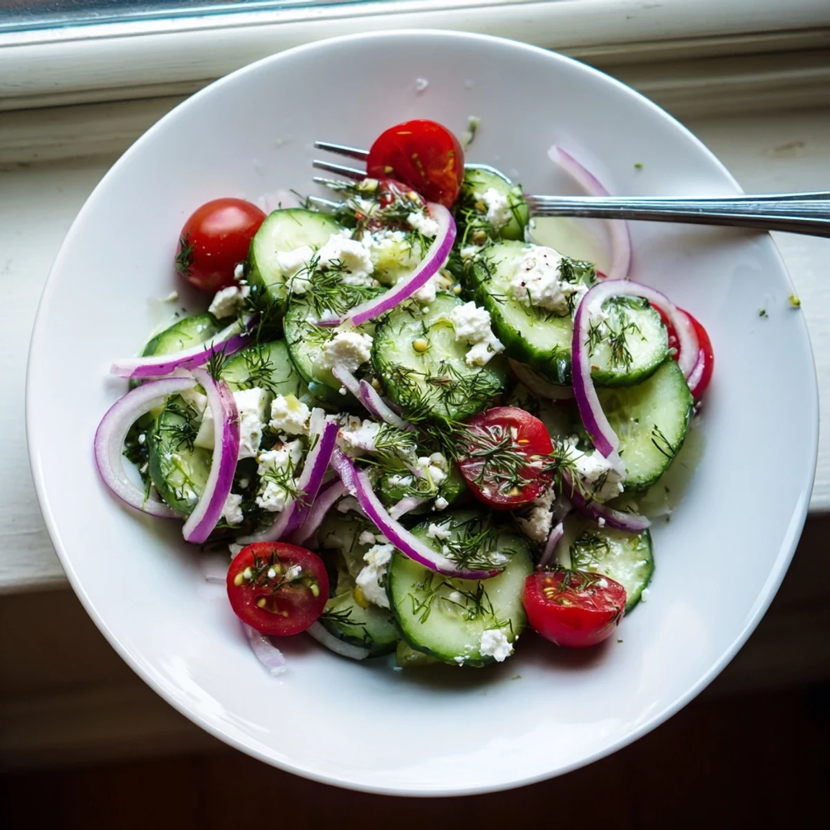 Tossed cucumber half-moons, juicy tomatoes, and tangy feta shine in this herb-packed salad