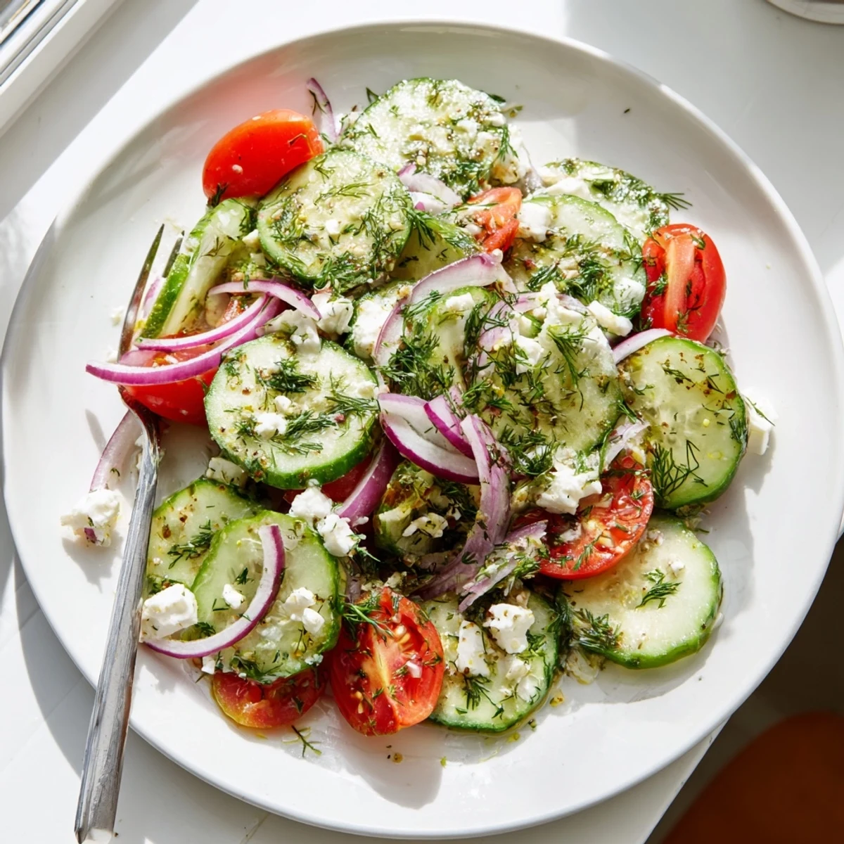 Creamy feta coats vibrant cucumber rounds and fresh herbs in a bright Mediterranean side