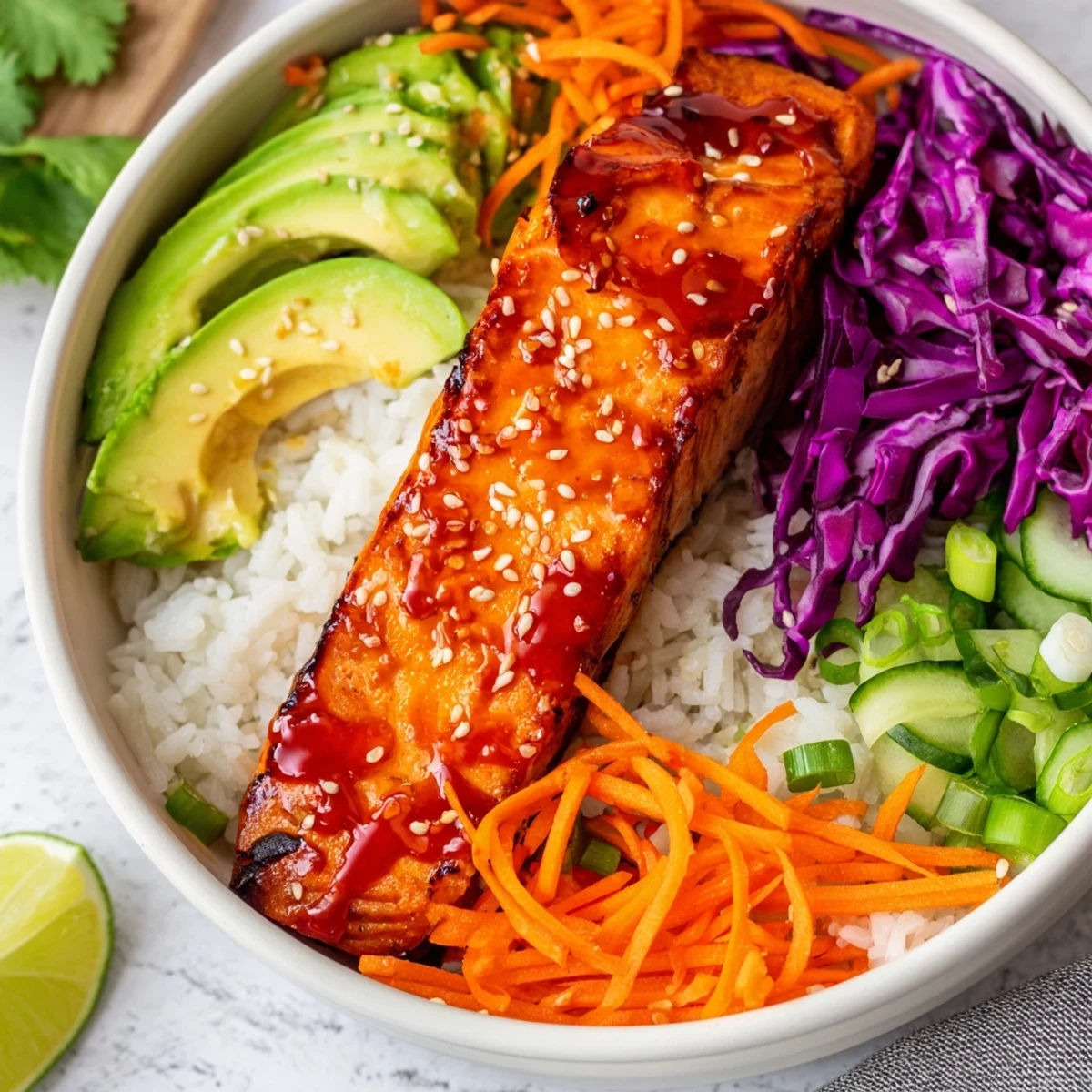 Sriracha Honey Glazed Salmon Bowls topped with colorful vegetables on fluffy white rice