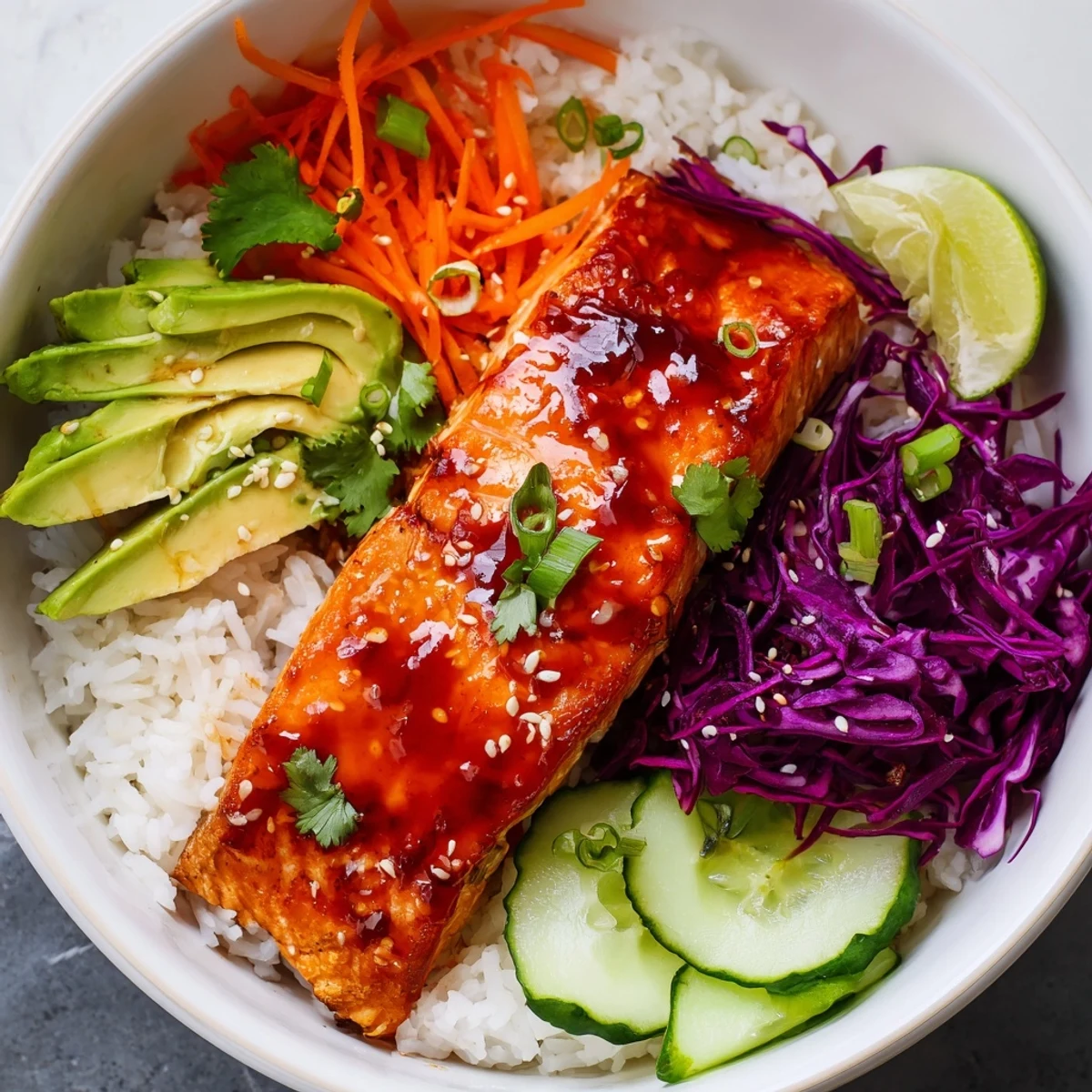 Glistening Sriracha Honey Glazed Salmon Bowls garnished with sesame seeds and fresh avocado slices